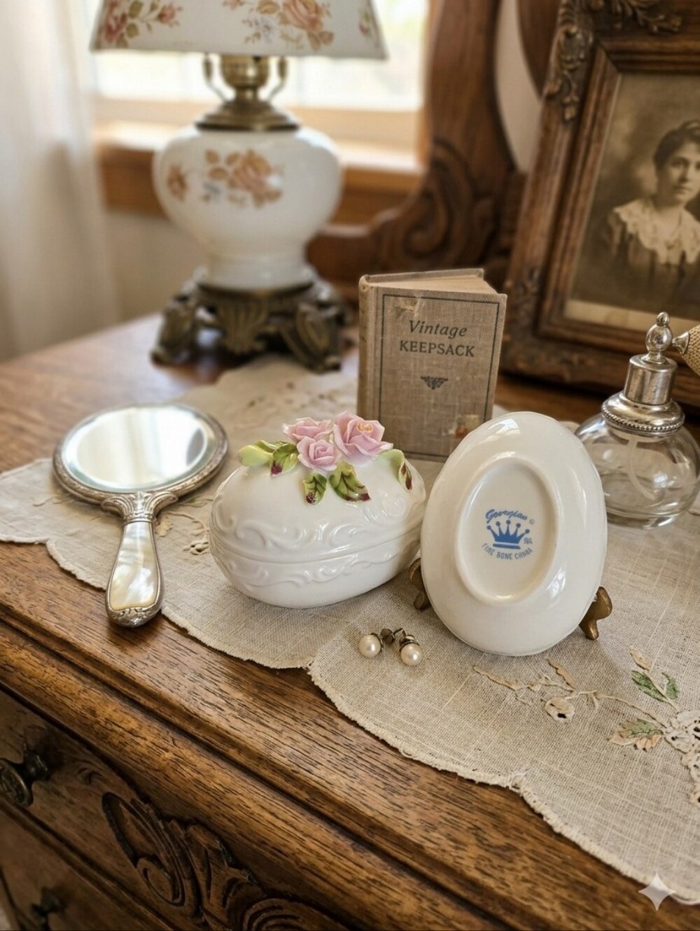 Vintage Georgian Fine Bone China Egg Trinket Box with 3D Pink Roses